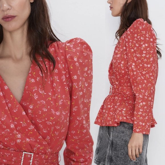 NWT Zara Floral Poplin Belted Wrap Top Size M - Picture 7 of 12